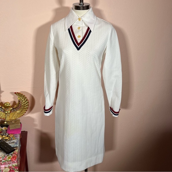 Vintage 1960 70 White Cable knit Long Sleeve Retro Tennis Prep Dress - Picture 12 of 17